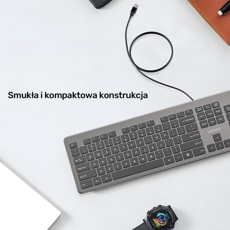 Unitek SlimTap Lekka klawiatura przewodowa biurowa, USB-A, szara