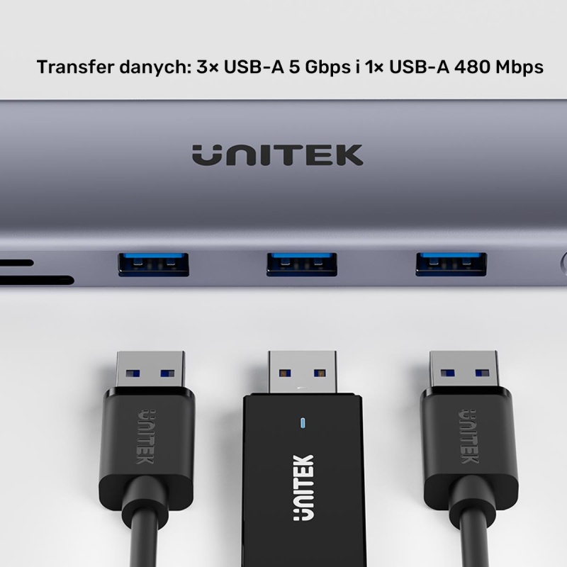 Unitek Hub USB-C 11w1 z obsługą dwóch monitorów | 4K@30Hz | RJ45 | PD 100 W | SD i microSD