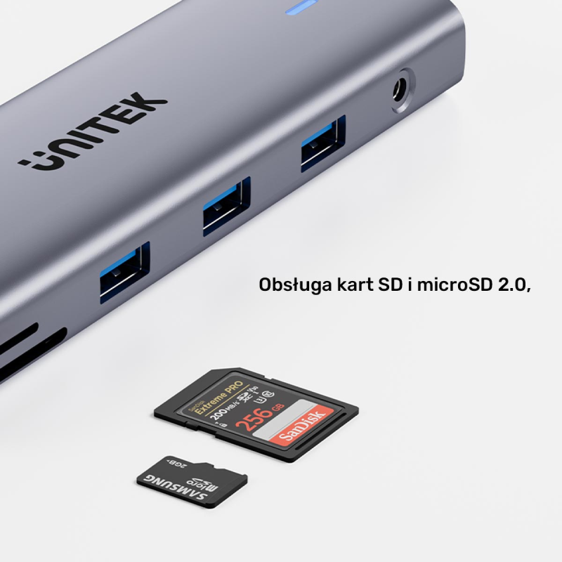 Unitek Hub USB-C 11w1 z obsługą dwóch monitorów | 4K@30Hz | RJ45 | PD 100 W | SD i microSD