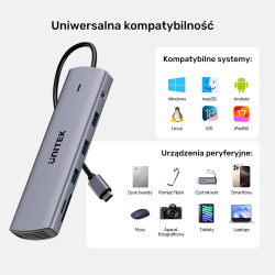 Unitek Hub USB-C 11w1 z obsługą dwóch monitorów | 4K@30Hz | RJ45 | PD 100 W | SD i microSD