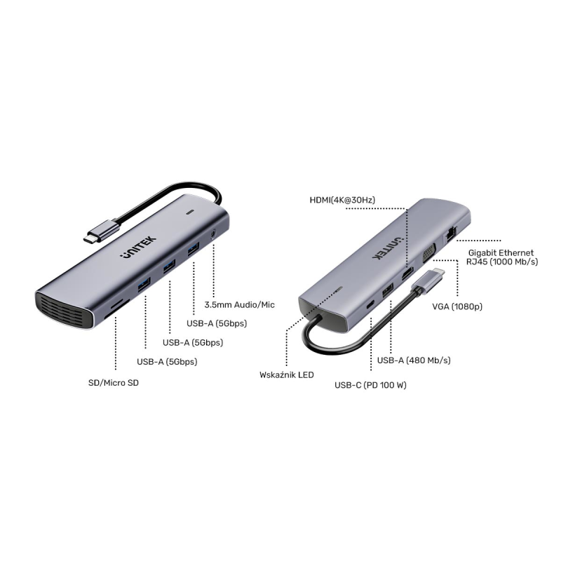 Unitek Hub USB-C 11w1 z obsługą dwóch monitorów | 4K@30Hz | RJ45 | PD 100 W | SD i microSD