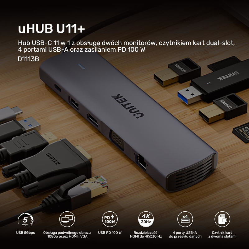 Unitek Hub USB-C 11w1 z obsługą dwóch monitorów | 4K@30Hz | RJ45 | PD 100 W | SD i microSD