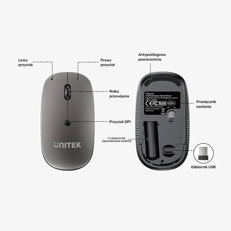 Unitek Bezprzewodowa mysz optyczna biurowa 2.4GHz