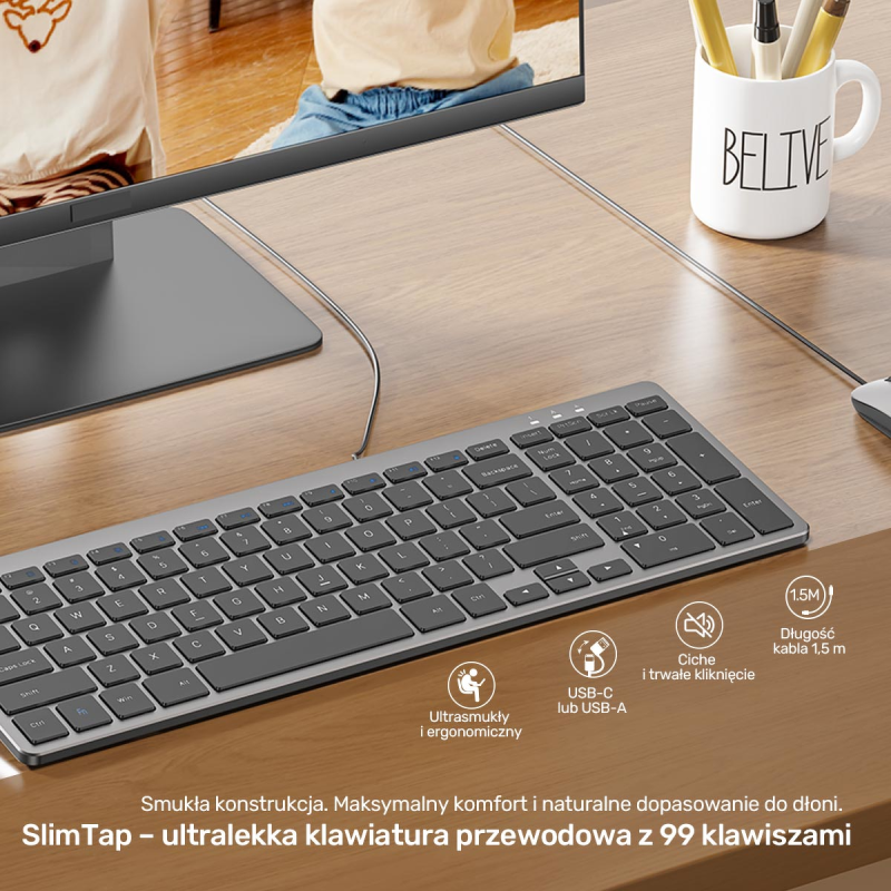 Unitek SlimTap Lekka klawiatura przewodowa biurowa USB-C/USB-A