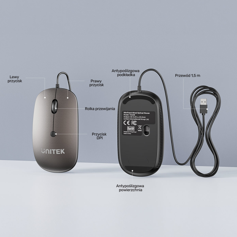 Unitek Przewodowa mysz optyczna biurowa SlimTrack 1600 DPI