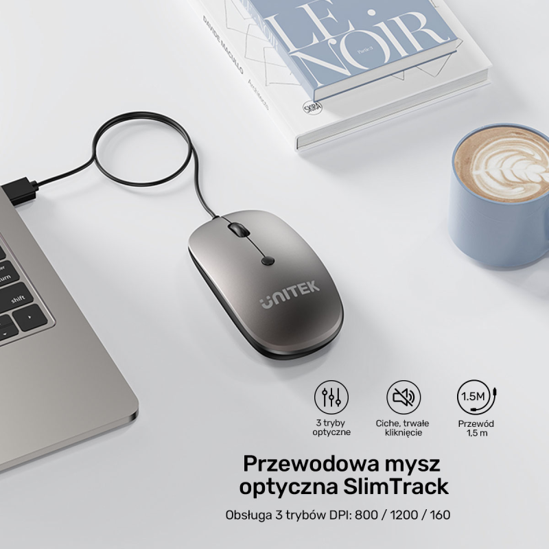 Unitek Przewodowa mysz optyczna biurowa SlimTrack 1600 DPI