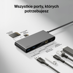 Belkin Hub USB-C 10 Gbps, 2 x USB-A, PD 100W, HDMI 2.0, RJ45 2,5 Gbps, SD 3.0, szary
