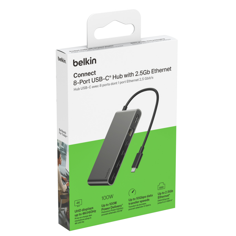 Belkin Hub USB-C 10 Gbps, 2 x USB-A, PD 100W, HDMI 2.0, RJ45 2,5 Gbps, SD 3.0, szary