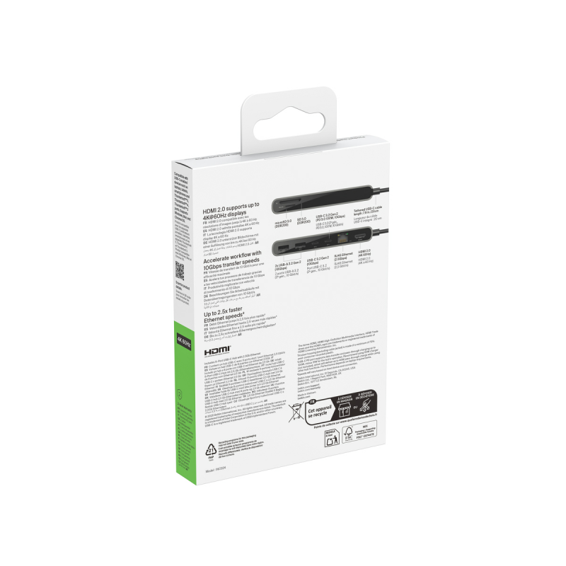 Belkin Hub USB-C 10 Gbps, 2 x USB-A, PD 100W, HDMI 2.0, RJ45 2,5 Gbps, SD 3.0, szary