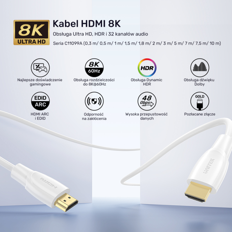 Unitek Kabel HDMI 2.1 8K HDR biały 2m | PartsPC.pl