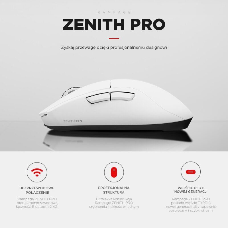 Rampage Zenith Pro mysz bezprzewodowa 26000 DPI biała + odbiornik 4 KHz PAW3395 BT 5.2