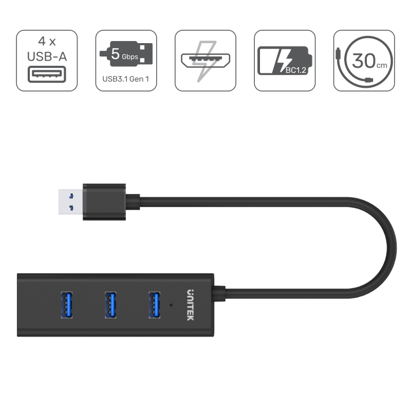 Hub USB Unitek Y-3089 4xUSB 3.0 czarny | PartsPC.pl