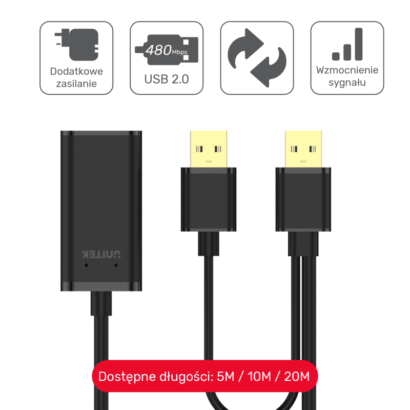 Przedłużacz USB 2.0 Unitek Y-278 AM-AF, 10m, z dodatkowym za… | PartsPC.pl