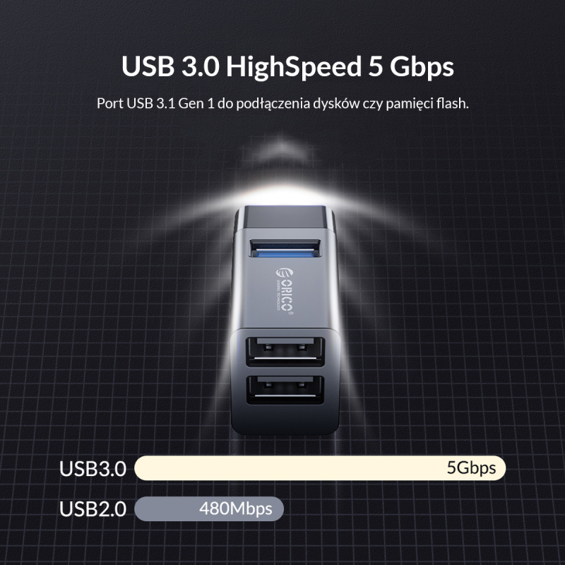 Hub USB Orico MINI-U32L-BK-BP 3 porty USB-A 3.0 + 2.0 alumin… | PartsPC.pl