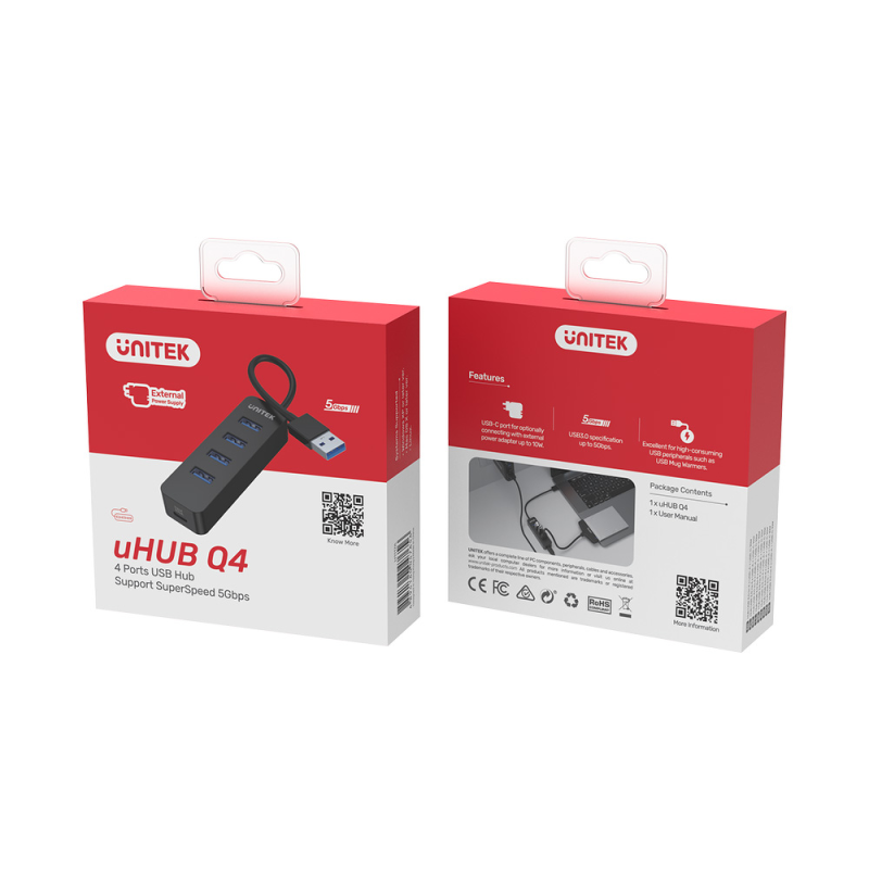 HUB USB-A Unitek H1117A 4xUSB-A 3.1, aktywny, 10W | PartsPC.pl