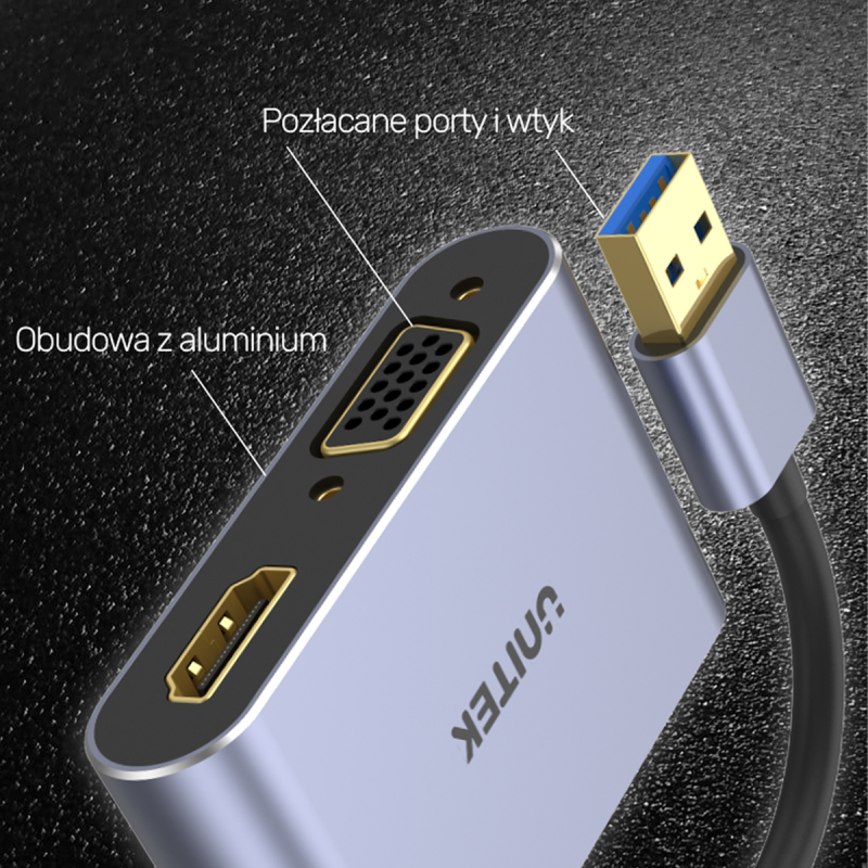 Kabel adapter Unitek V1304A USB-A - HDMI, VGA, fullHD | PartsPC.pl