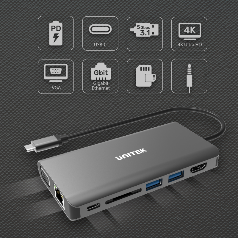 Hub USB-C Unitek D1019B 3.1 8w1, Power Delivery 100W | PartsPC.pl