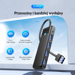 HUB USB-A Orico PAPW4A-U3-015-BK-EP USB-A 4x USB-A 3.0 5Gbps… | PartsPC.pl
