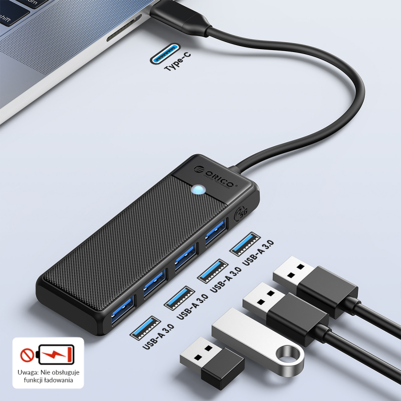 HUB USB-C Orico PAPW4A-C3-015-BK-EP 4 x USB-A 3.0 5Gbps, cza… | PartsPC.pl