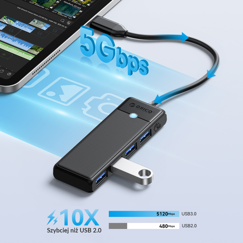 HUB USB-C Orico PAPW4A-C3-015-BK-EP 4 x USB-A 3.0 5Gbps, cza… | PartsPC.pl