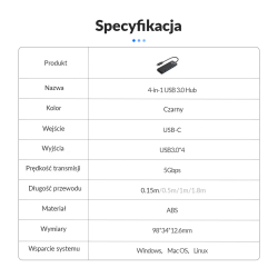 HUB USB-C Orico PAPW4A-C3-015-BK-EP 4 x USB-A 3.0 5Gbps, cza… | PartsPC.pl