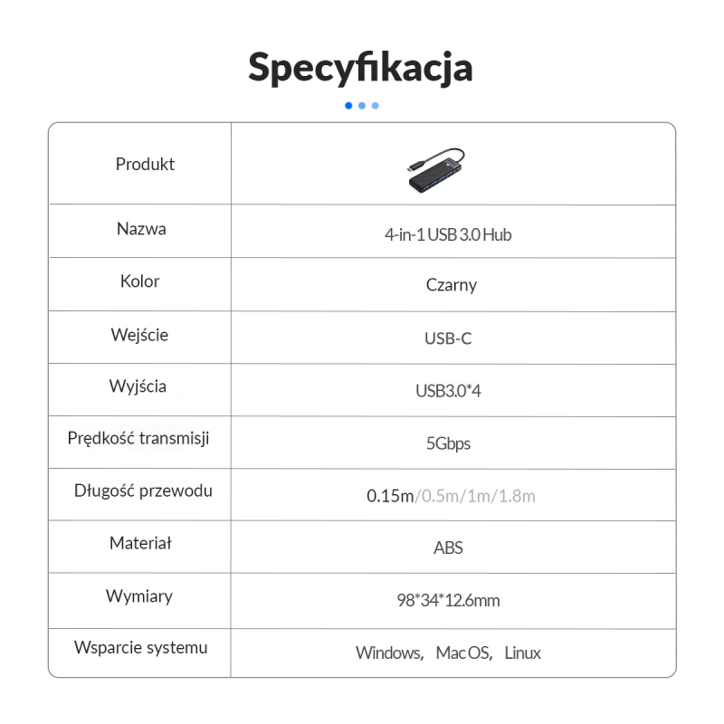 HUB USB-C Orico PAPW4A-C3-015-BK-EP 4 x USB-A 3.0 5Gbps, cza… | PartsPC.pl