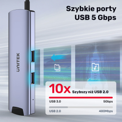 Hub Aktywny USB-C UNITEK 5Gbps, HDMI RJ-45 PD 100W | PartsPC.pl