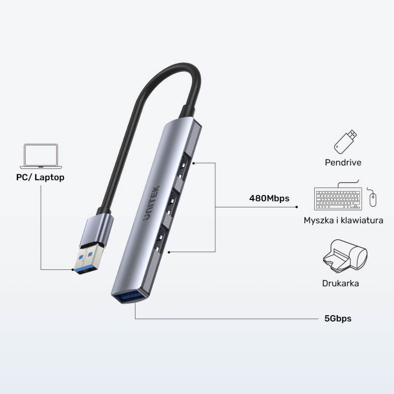 Hub USB Unitek H1208A 1xUSB-A 5 Gbps, 3xUSB-A 2.0 alu | PartsPC.pl