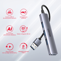 Hub USB Unitek H1208A 1xUSB-A 5 Gbps, 3xUSB-A 2.0 alu | PartsPC.pl