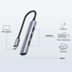 HUB USB-C Unitek H1208B 1xUSB-A 5 Gbps, 3xUSB-A 2.0 alu | PartsPC.pl