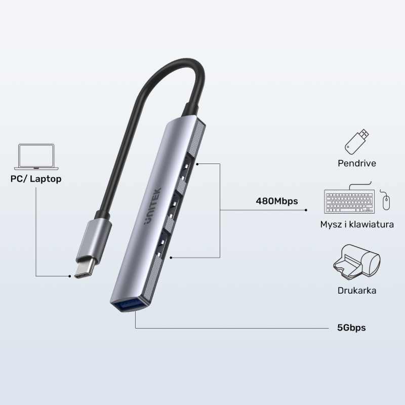 HUB USB-C Unitek H1208B 1xUSB-A 5 Gbps, 3xUSB-A 2.0 alu | PartsPC.pl