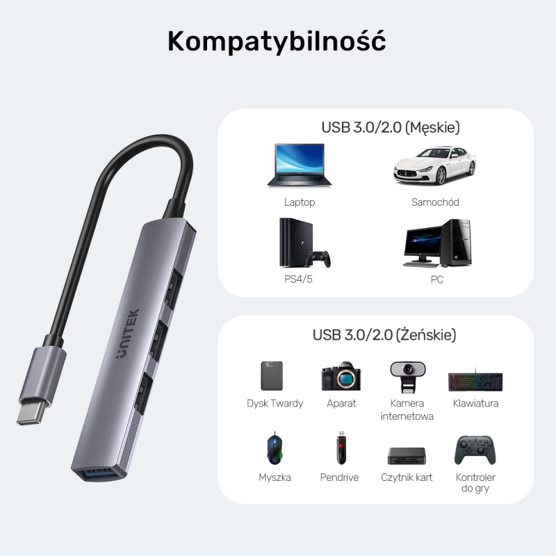 HUB USB-C Unitek H1208B 1xUSB-A 5 Gbps, 3xUSB-A 2.0 alu | PartsPC.pl