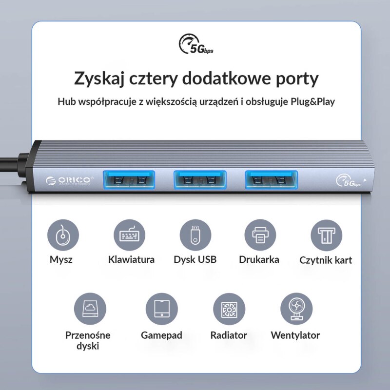 HUB USB-A Orico AH-A13-GY-EP-HW 1xUSB-A 3.1, 3xUSB-A 2.0, 5G… | PartsPC.pl