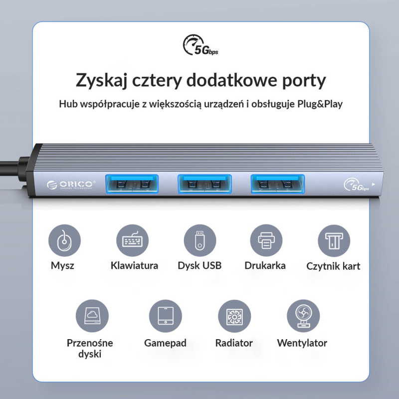 HUB USB-C Orico AH-13-GY-EP-HW USB-A 5Gbps, 3xUSB-A 2.0, alu… | PartsPC.pl