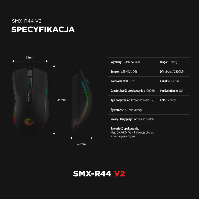 Mysz przewodowa Rampage SMX-R44V2 gamingowa 12800 DPI RGB LE… | PartsPC.pl