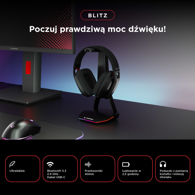 Słuchawki z mikrofonem Rampage BLITZ gamingowe, bezprewodowe… | PartsPC.pl