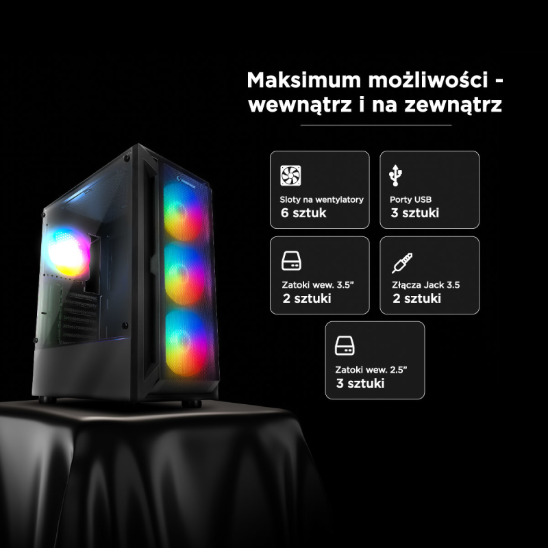 Obudowa PC Rampage SHIVA z oknem 4x wentylator 120mm Rainbow… | PartsPC.pl