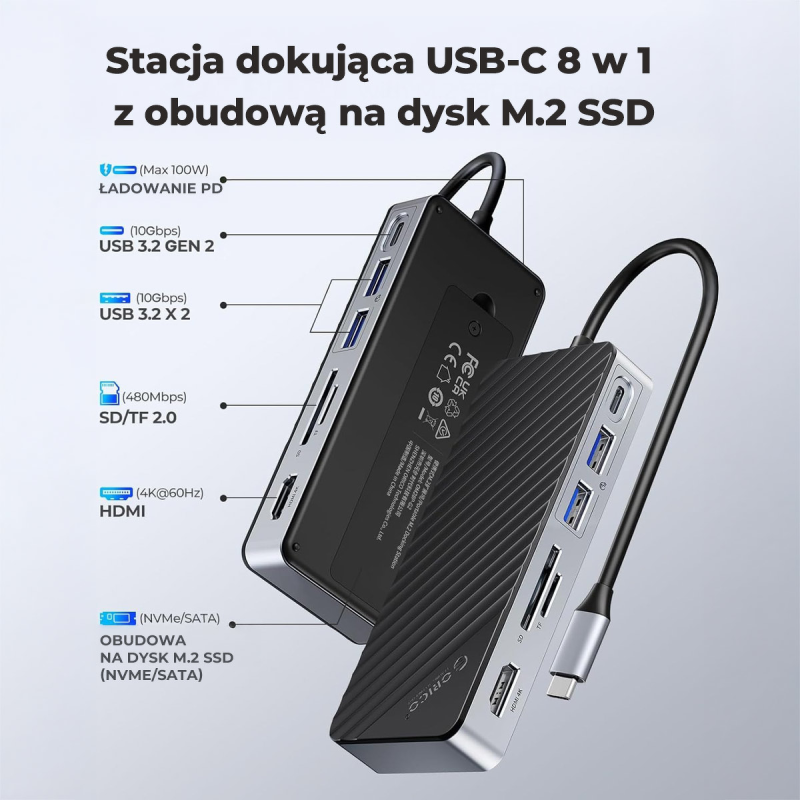 HUB USB-C z obudową na dysk Orico OM28P-G2-BK-EP M.2, 10 Gbp… | PartsPC.pl