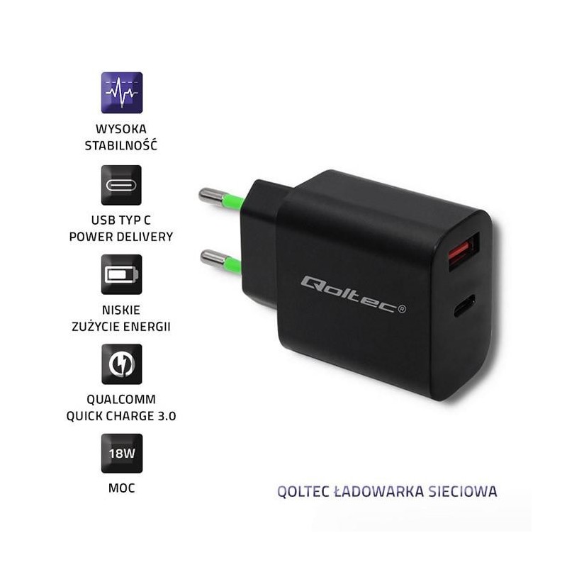Ładowarka sieciowa Qoltec 18W | 5-12V | 1.5-3A | USB typ C P… | PartsPC.pl