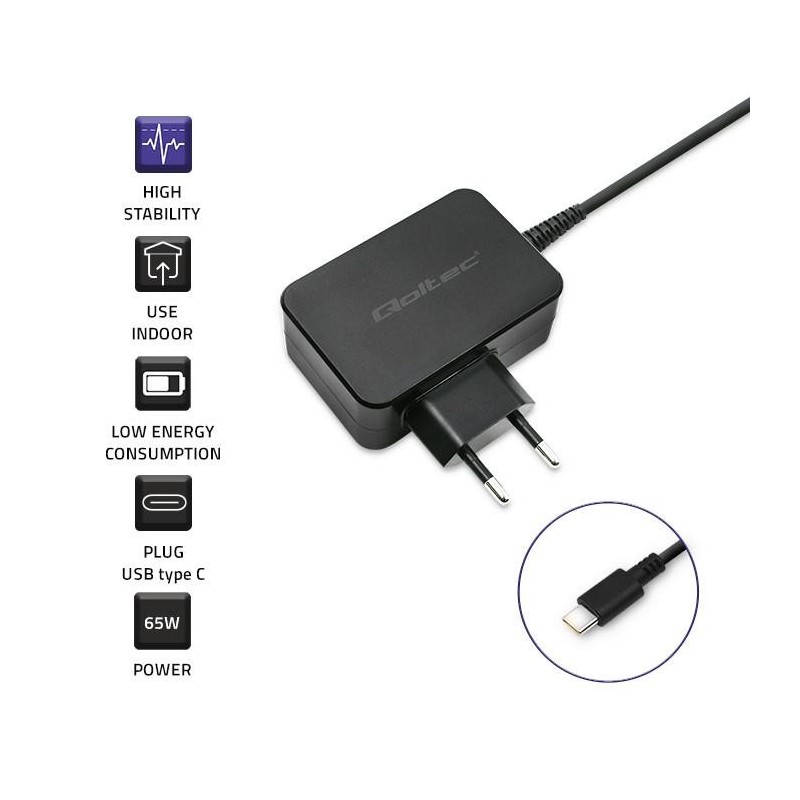 Ładowarka sieciowa Qoltec 65W | 5-20V | 3-3.25A | USB typ C … | PartsPC.pl