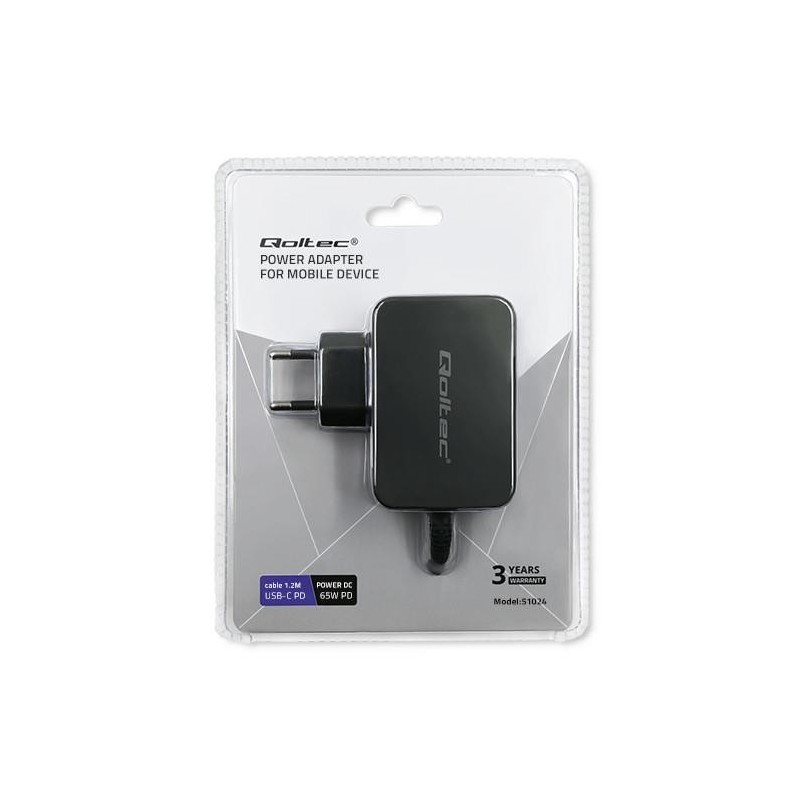 Ładowarka sieciowa Qoltec 65W | 5-20V | 3-3.25A | USB typ C … | PartsPC.pl