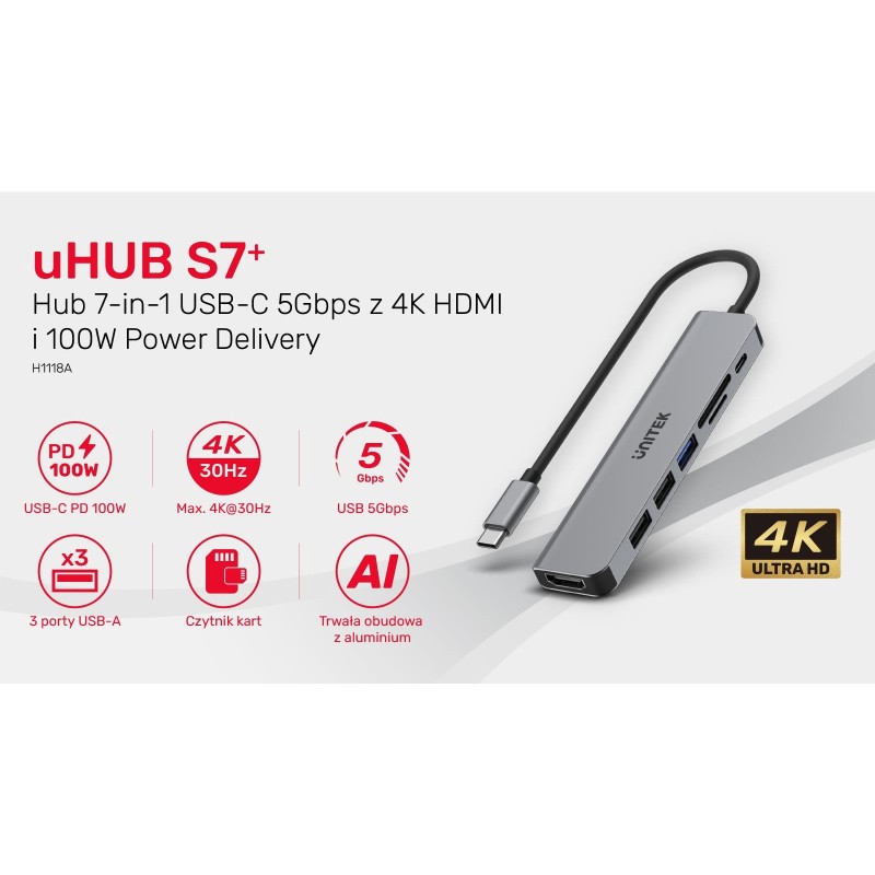 Hub USB-C Unitek H1118A 7w1, HDMI 4K, 3x USB-A, USB-C PD 100… | PartsPC.pl