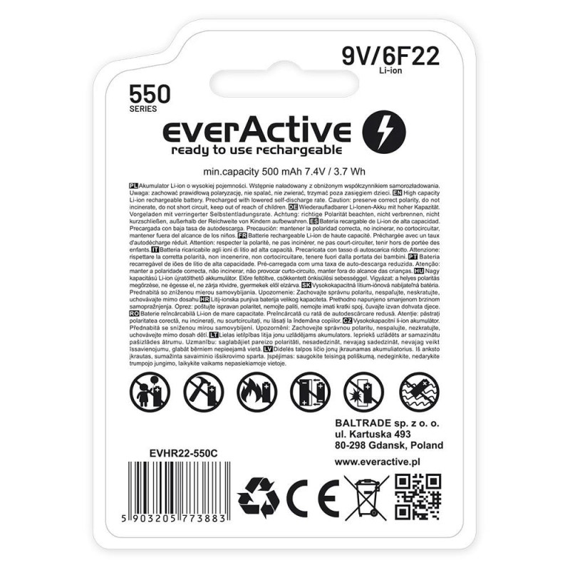 Akumulatorek everActive 6F22/9V Li-ion 550 mAh z USB TYP C… | PartsPC.pl