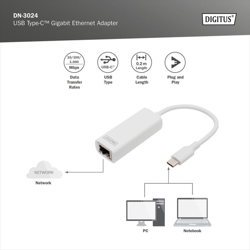 Karta sieciowa DIGITUS przewodowa USB 3.0 Typ C do Gigabit Ethernet