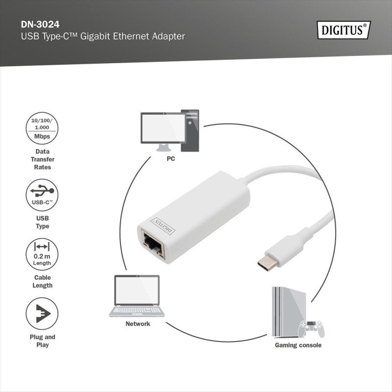 Karta sieciowa DIGITUS przewodowa USB 3.0 Typ C do Gigabit Ethernet