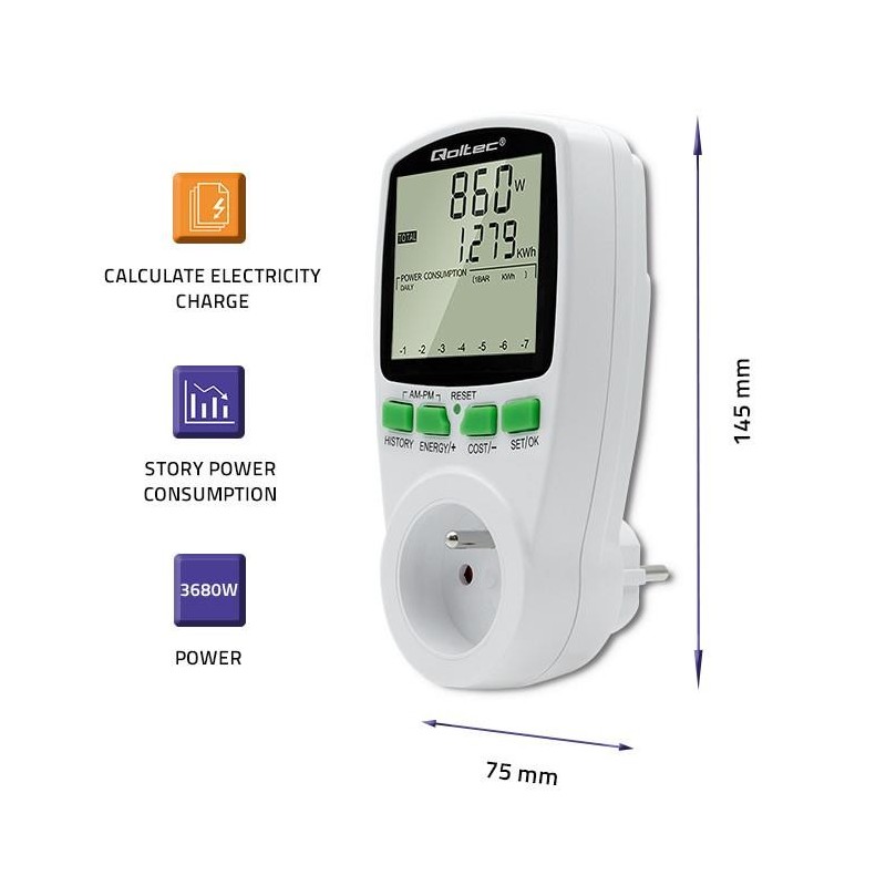 Watomierz Qoltec Licznik zużycia energii PM0627 z... | PartsPC.pl