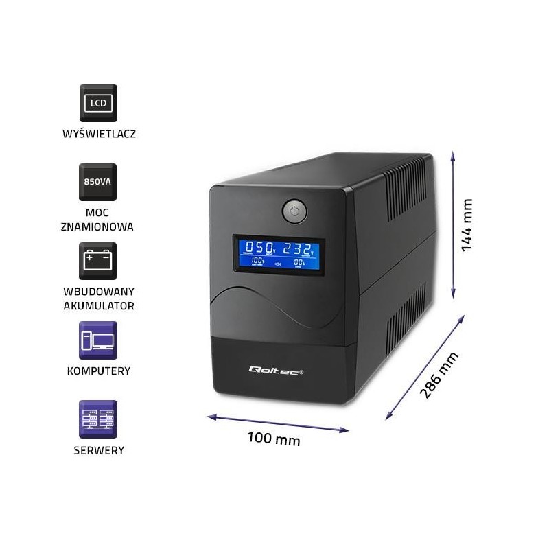 Zasilacz awaryjny UPS Qoltec Monolith | 850VA | 480W | LCD |… | PartsPC.pl
