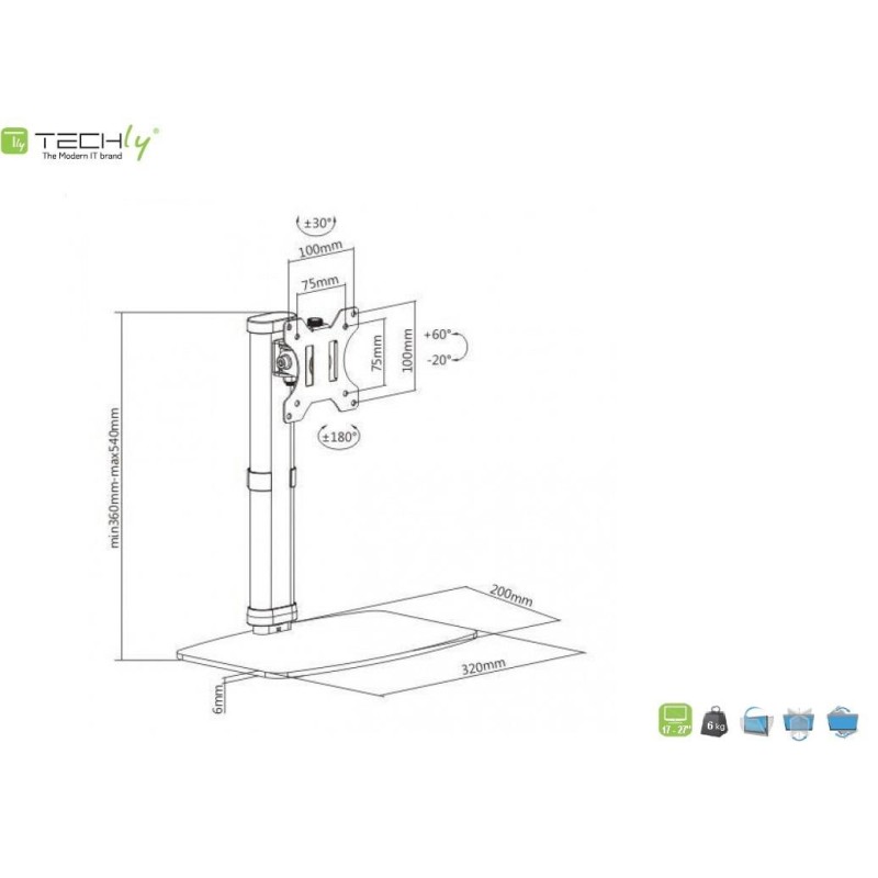Uchwyt biurkowy Techly 17"-27", 6kg pionowy | PartsPC.pl