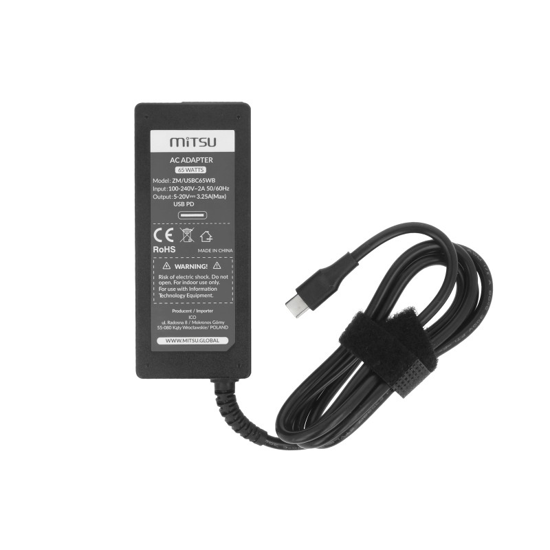 Zasilacz sieciowy Mitsu 65W USB-C, USBC, 5-20V, 3-3.25... | PartsPC.pl