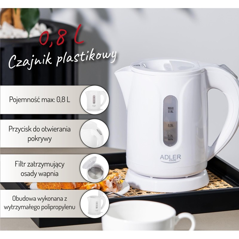 Czajnik elektryczny Adler AD 1371w 0,8 L plastikowy biały | PartsPC.pl